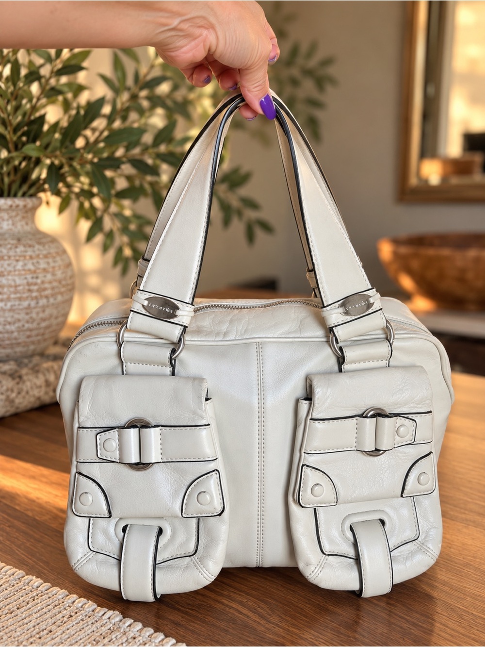 Cromia Genuine Leather Cream Y2K Cargo Pocket Shoulder Bag Purse